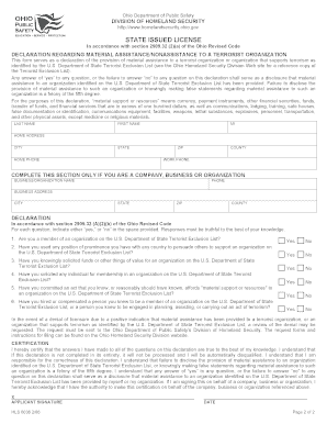 Ohio State Issued License Declaration Form
