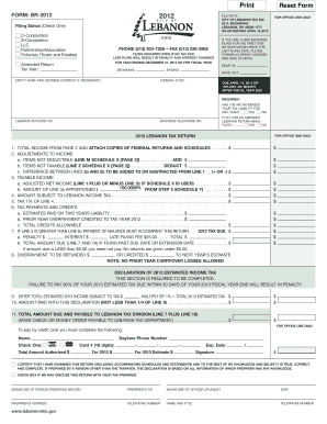 Lebanon Ohio 2012 Business Tax Return