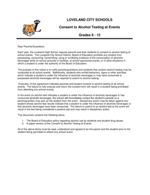 Loveland City Schools Alcohol Testing Consent Form
