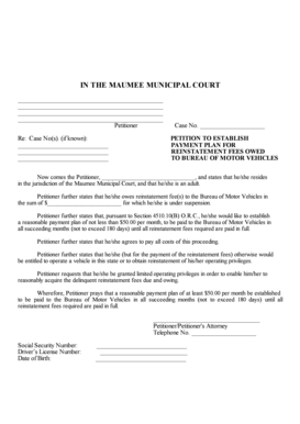 Petition to Establish Payment Plan for Reinstatement Fees