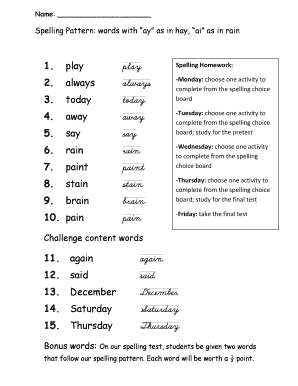 Spelling Homework Assignment
