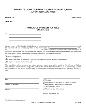 Notice of Probate of Will