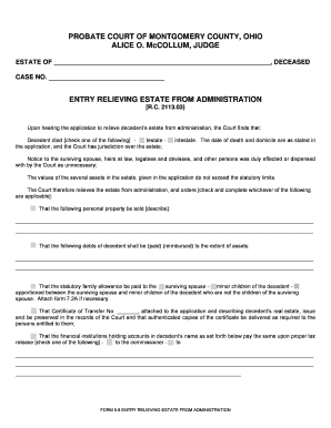 Ohio Entry Relieving Estate From Administration