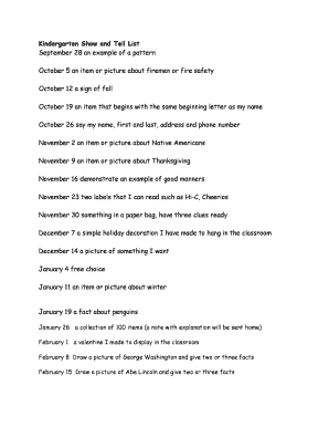 Kindergarten Show and Tell List