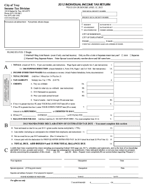 City of Troy 2012 Individual Income Tax Return