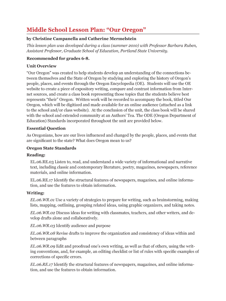 Fillable Online Middle School Lesson Plan Our Oregon Fax Email Print