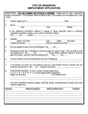 City of Roseburg Employment Application