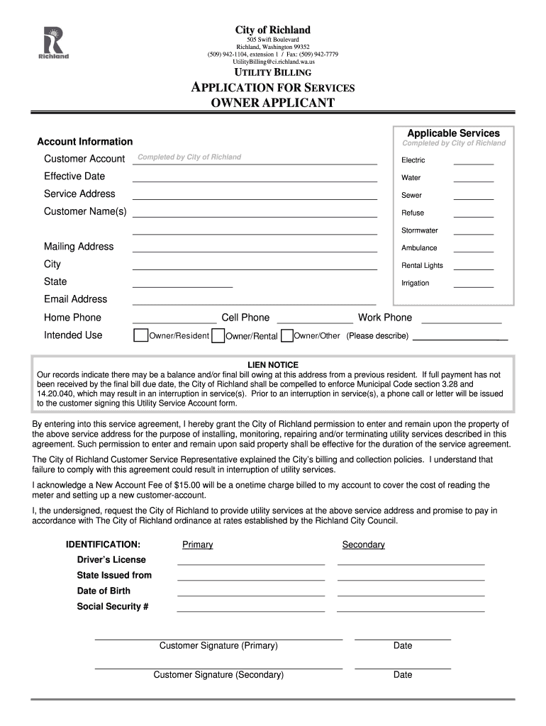 Fillable Online City of Richland UTILITY BILLING APPLICATION FOR