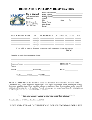 Newport Recreation Program Registration Form