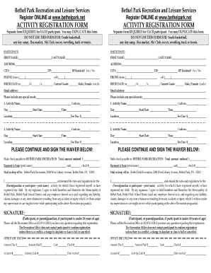 Bethel Park Activity Registration Form