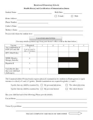Pennsylvania School Health History and Immunization Form