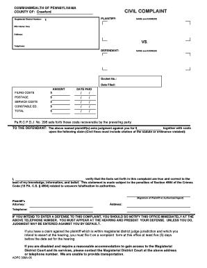 Pennsylvania Civil Complaint Form