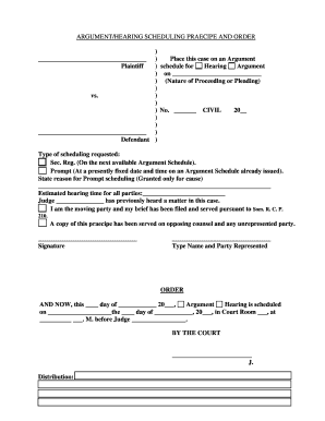 Argument Hearing Scheduling Praecipe and Order