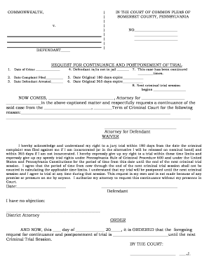 Request for Continuance and Postponement of Trial