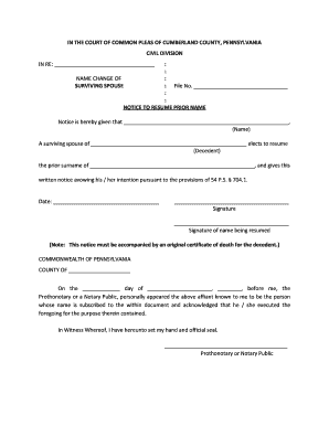 Pennsylvania Surviving Spouse Name Change Notice
