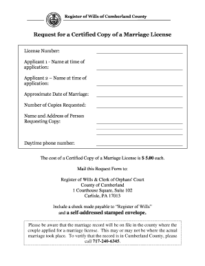 Request for Certified Copy of Marriage License