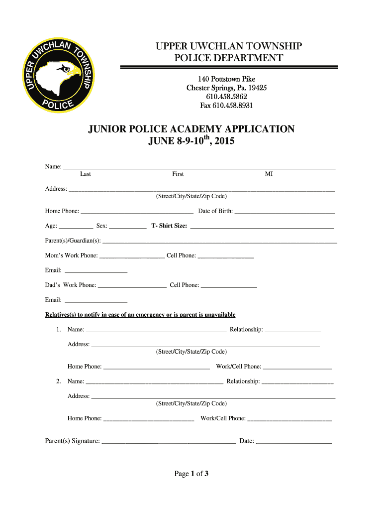 Jr Police Academy Application - Upper Uwchlan Township Preview on Page 1