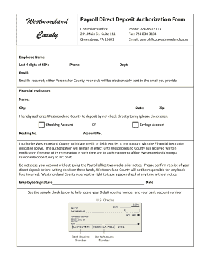 Westmoreland County Payroll Direct Deposit Authorization Form