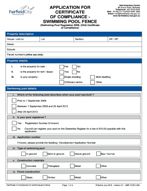 Swimming Pool Compliance Certificate Application