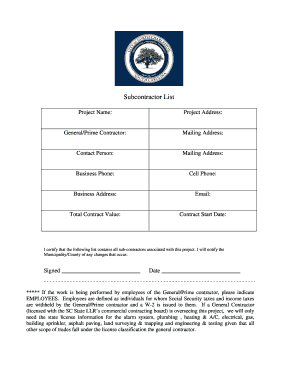 Subcontractor List Certification Form