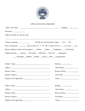 Child Care Admission Application