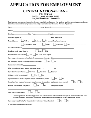 Central National Bank Employment Application