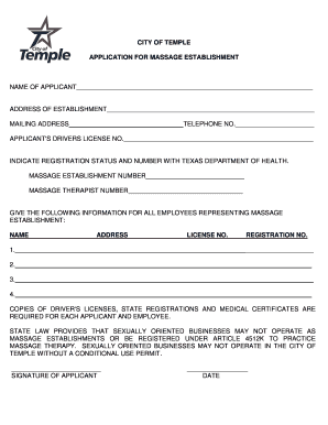 New 1003 application for 2018 - CITY OF TEMPLE APPLICATION FOR MASSAGE ESTABLISHMENT - ci temple tx