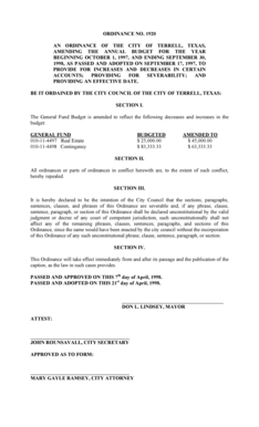 Tennis line up sheet - 1998, AS PASSED AND ADOPTED ON SEPTEMBER 17, 1997, TO - cityofterrell