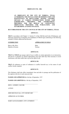 1886 AN ORDINANCE OF THE CITY OF TERRELL, TEXAS, AUTHORIZING THE INSTALLATION OR MODIFICATION AND MAINTENANCE OF REGULATORY TRAFFIC CONTROL SIGNAGE AT VARIOUS INTERSECTIONS WITHIN SAID JURISDICTION - cityofterrell