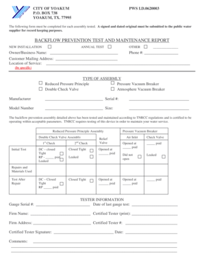 Service invoice sample - BACKFLOW PREVENTION FORM - Yoakum Texas - cityofyoakum