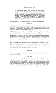 1873 AN ORDINANCE OF THE CITY COUNCIL OF THE CITY OF TERRELL, TEXAS, CHANGING THE ZONING FROM SINGLE FAMILY (1F2) ZONING TO COMMERCIAL (C) ZONING ON PROPERTY LEGALLY DESCRIBED AS LOT 2, TRACT A&amp - cityofterrell