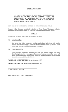 1884 AN ORDINANCE AMENDING APPENDIX 1, FEE SCHEDULE, SECTION 20, OF THE CITY OF TERRELL CODE OF ORDINANCES, BY REVISING SECTION 20, AMENDING PERMIT FEES - cityofterrell