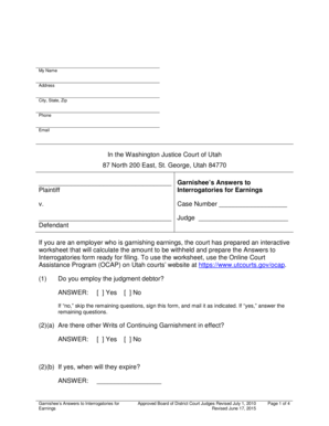 Sample of inquest form - Garnishees Answers to Interrogatories for Earnings - Utah - washco utah