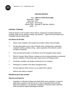 Army memo template - JOB DESCRIPTION CIRCULATION MANAGER Department Library - murray utah