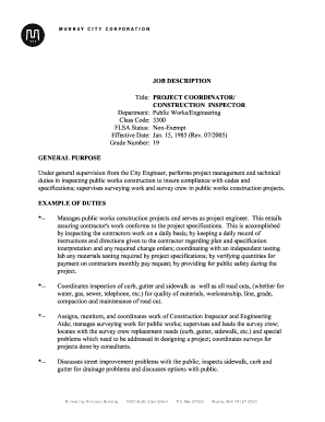 JOB DESCRIPTION PROJECT COORDINATOR CONSTRUCTION INSPECTOR