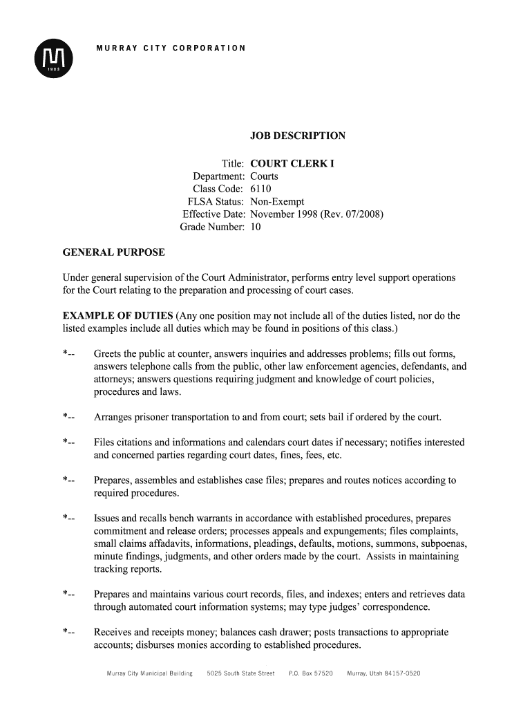 Fillable Online murray utah JOB DESCRIPTION COURT CLERK I