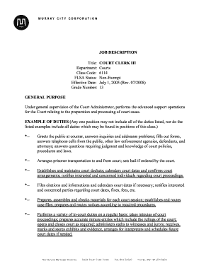 Issue log template - JOB DESCRIPTION Title: Department: Class Code: FLSA Status: Effective Date: Grade Number: COURT CLERK III Courts 6114 NonExempt July 1, 2005 (Rev - murray utah