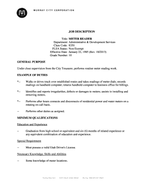 Placement assessment examples - JOB DESCRIPTION METER READER EXAMPLE OF DUTIES - murray utah