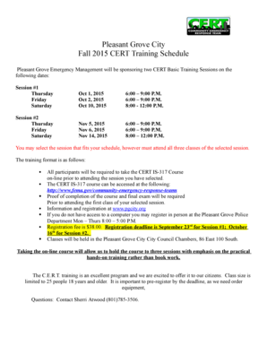 Sign off sheet - Pleasant Grove City Fall 2015 CERT Training Schedule - plgrove