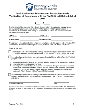 No Child Left Behind Teacher Compliance Form