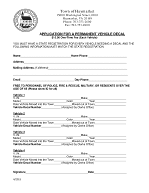 Magazine form - APPLICATION FOR A PERMANENT VEHICLE DECAL