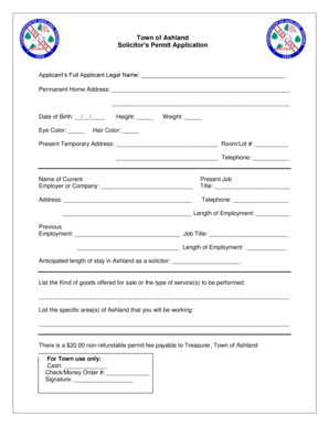 Town of Ashland Solicitors Permit Application - town ashland va