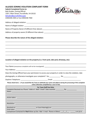 I 134 form - ALLEGED ZONING VIOLATION COMPLAINT FORM Submit Completed Forms to Bob Dryden, Zoning Official 130 E - purcellvilleva