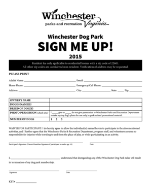 Training plan template excel - 2015DogParkSignUpFormindd - winchesterva