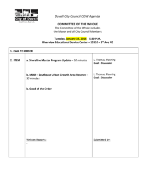 March 12 2017 calendar - Duvall City Council COW Agenda COMMITTEE OF THE WHOLE The Committee of the Whole includes the Mayor and all City Council Members Tuesday, January 19, 2016 5:30 P - duvallwa