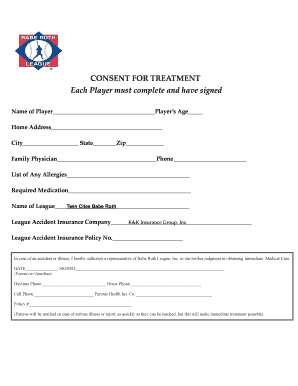 Babe Ruth League Consent for Treatment