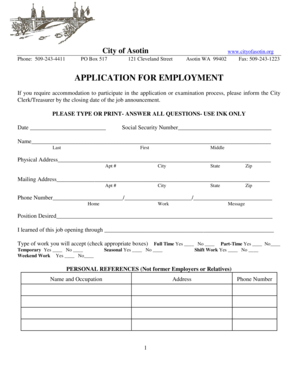 APPLICATION FOR EMPLOYMENT - cityofasotinorg