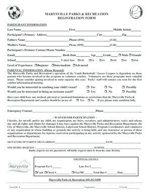 Marysville Parks & Recreation Registration Form