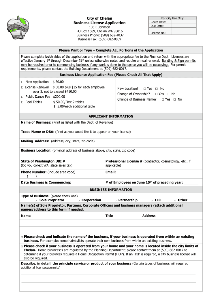 Fillable Online City of Chelan Business License Application Route Date