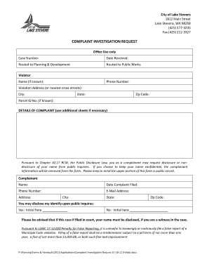 Daily report template - COMPLAINT INVESTIGATION REQUEST - Lake Stevens Washington